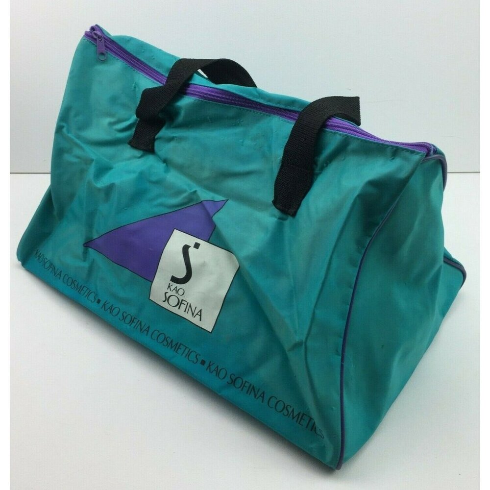 Vintage Kao Sofina Cosmetics Teal Green Purple Tote Shoulder Duffle Bag Zipper